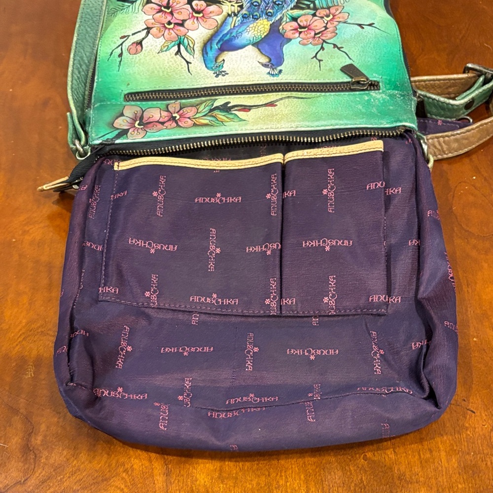 Anuschka Green Adjustable Crossbody Bag with Peacock and Floral‎ Art - Picture 10 of 16